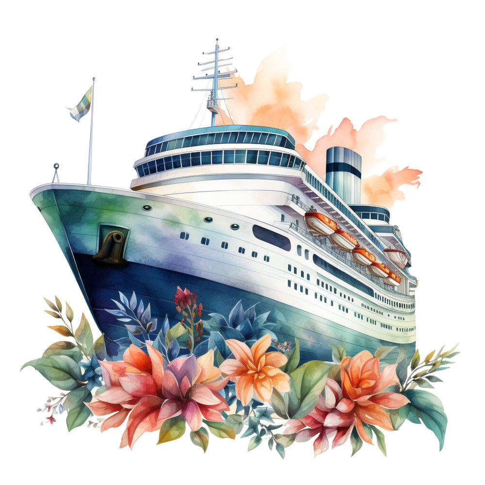cruise ship, ocean liner, watercolor style, blue hull, white superstructure, orange smoke, coral flowers, peach blooms, green foliage, botanical elements, maritime theme, nautical design, fabric panel, quilting cotton, tropical flowers, vacation motif, travel theme, pastel colors, floral border, ship illustration