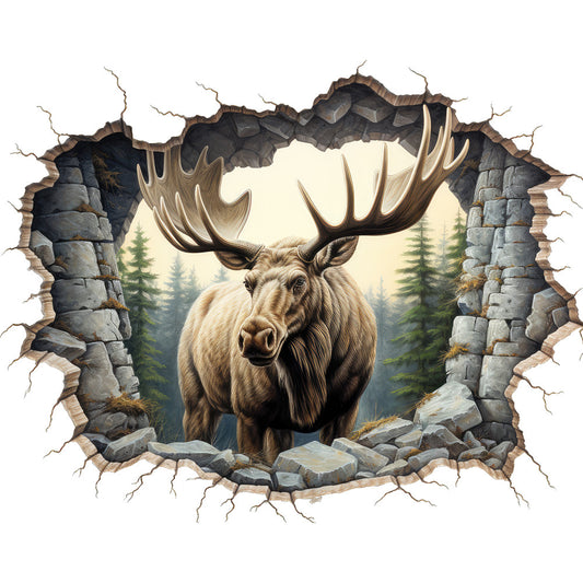moose, antlers, breaking through, cracked wall, stone texture, brown, tan, beige, gray, forest green, evergreen trees, wildlife, realistic art, dimensional effect, trompe l'oeil, fabric panel, nature scene, outdoor theme, masculine design, hunting lodge