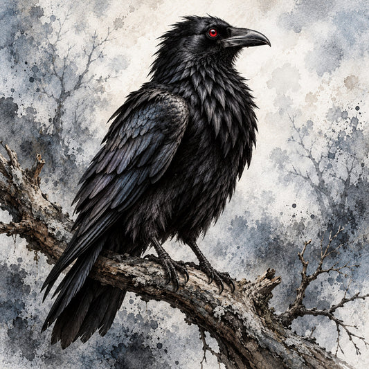 black raven, dark bird, red eye, gothic, wildlife, nature, monochromatic, grayscale, charcoal gray, stone gray, weathered, textured background, perched bird, crow, corvid, dark academia, mysterious, moody, elegant, dramatic, realistic illustration, detailed feathers, branch, rustic, vintage art style, animal portrait, statement fabric, bold design, contemporary art