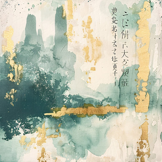 sage green, gold leaf, watercolor wash, abstract landscape, asian calligraphy, rice paper texture, muted pastels, fabric panel, quilting cotton, zen aesthetic, oriental art, misty mountains, brushstroke effects, peaceful mood, nature scene, soft blues, cream background, artistic splatters, tranquil design