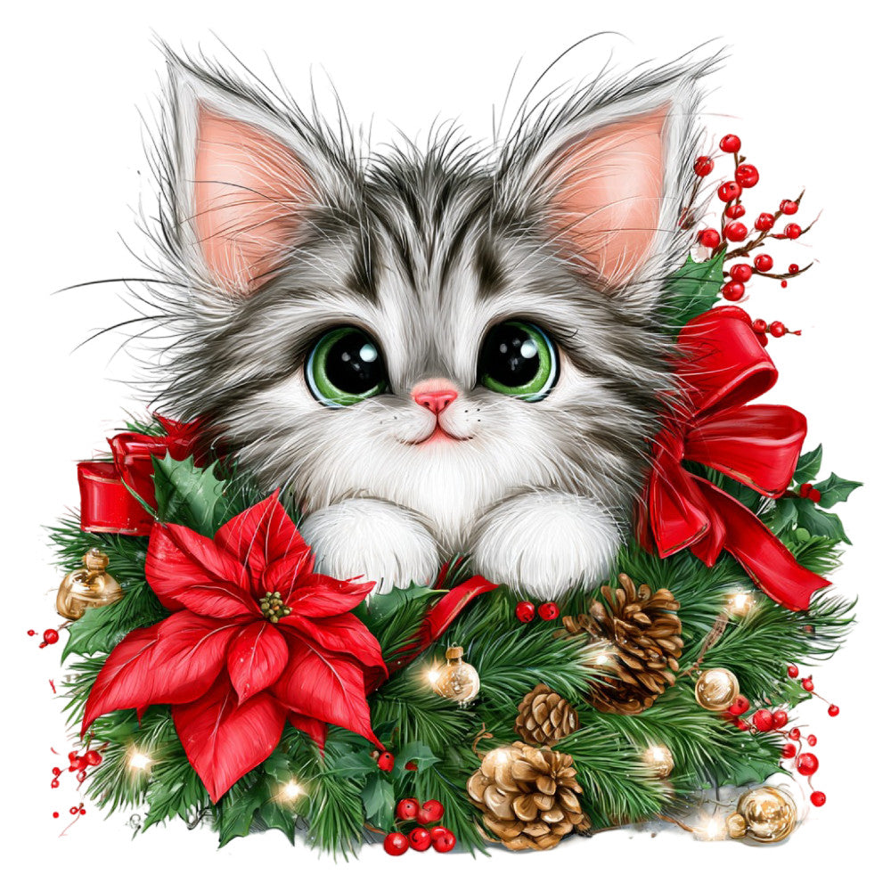 cat, kitten, holiday, christmas, festive, poinsettia, red bow, evergreen, pine cones, gold ornaments, red berries, white cat, gray and white, forest green, bright red, gold metallic, whimsical, cute, seasonal, winter, christmas wreath, decorative, tabletop, wall hanging, festive decor, animal lover, pet themed, red and green, traditional christmas