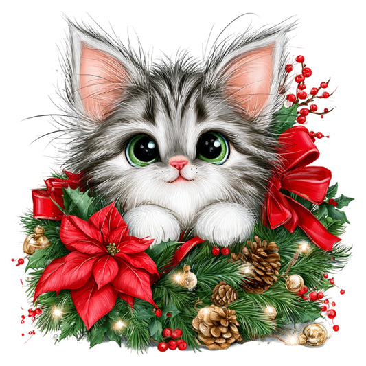 cat, kitten, holiday, christmas, festive, poinsettia, red bow, evergreen, pine cones, gold ornaments, red berries, white cat, gray and white, forest green, bright red, gold metallic, whimsical, cute, seasonal, winter, christmas wreath, decorative, tabletop, wall hanging, festive decor, animal lover, pet themed, red and green, traditional christmas