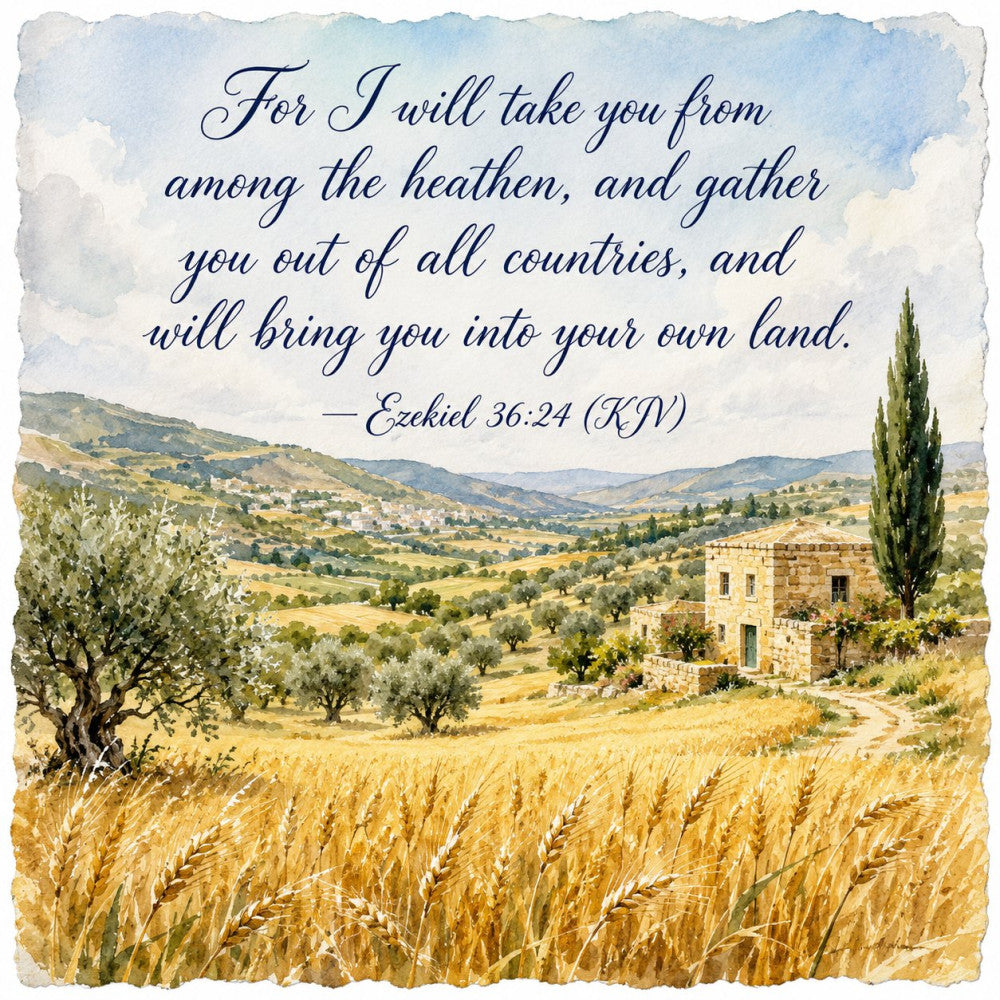 biblical verse, scripture, wheat field, golden tan, sage green, stone house, tuscan, mediterranean, landscape, nature, religious, inspirational, pastoral, countryside, cypress tree, olive trees, rolling hills, farmhouse, vintage, traditional, elegant, rustic, peaceful, spiritual, cream, blue sky, harvest theme, summer, travel, heritage