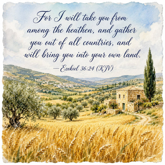biblical verse, scripture, wheat field, golden tan, sage green, stone house, tuscan, mediterranean, landscape, nature, religious, inspirational, pastoral, countryside, cypress tree, olive trees, rolling hills, farmhouse, vintage, traditional, elegant, rustic, peaceful, spiritual, cream, blue sky, harvest theme, summer, travel, heritage