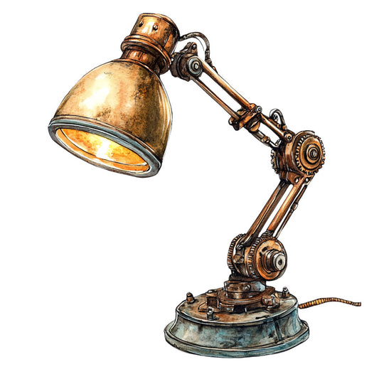 steampunk, industrial, vintage, brass, copper, bronze, gears, mechanical, task lamp, desk lamp, edison, antique, vintage lighting, industrial style, rustic, metal, articulated arm, adjustable lamp, workshop, machinery, retro, nostalgic, brown, gold, copper tone, patina, grunge, distressed, masculine, workroom