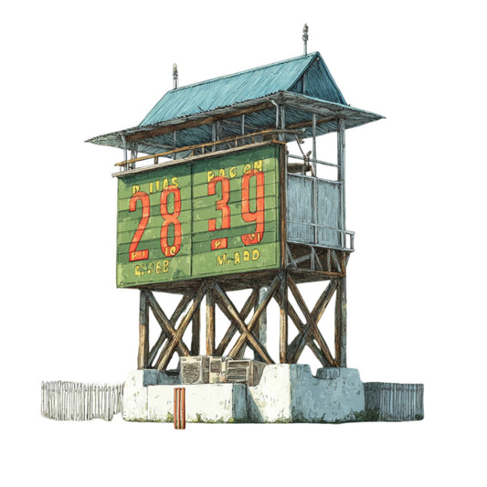 vintage scoreboard, baseball, sports, americana, retro, turquoise, sage green, rust orange, yellow, weathered, nostalgic, mid-century, farm stand, americana architecture, rustic, Americana, bleachers, game day, summer sport, ballpark, architectural, industrial, wooden structure, sports themed, antique, heritage, classic americana, folk art style, americana home decor