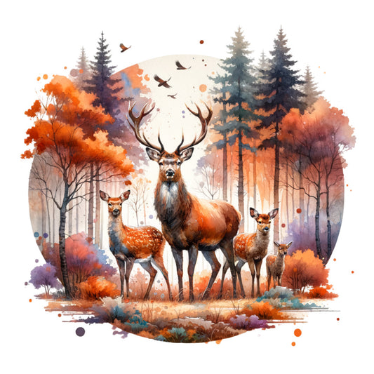 autumn deer, forest animals, wildlife, stag, buck, doe, fawn, autumn forest, fall foliage, burnt orange, rust, terracotta, cream, sage green, purple, watercolor, nature scene, woodland, rustic, whimsical, autumn harvest, evergreen trees, conifer forest, birds in flight, fall colors, nature themed, scenic landscape, warm tones, earthy palette
