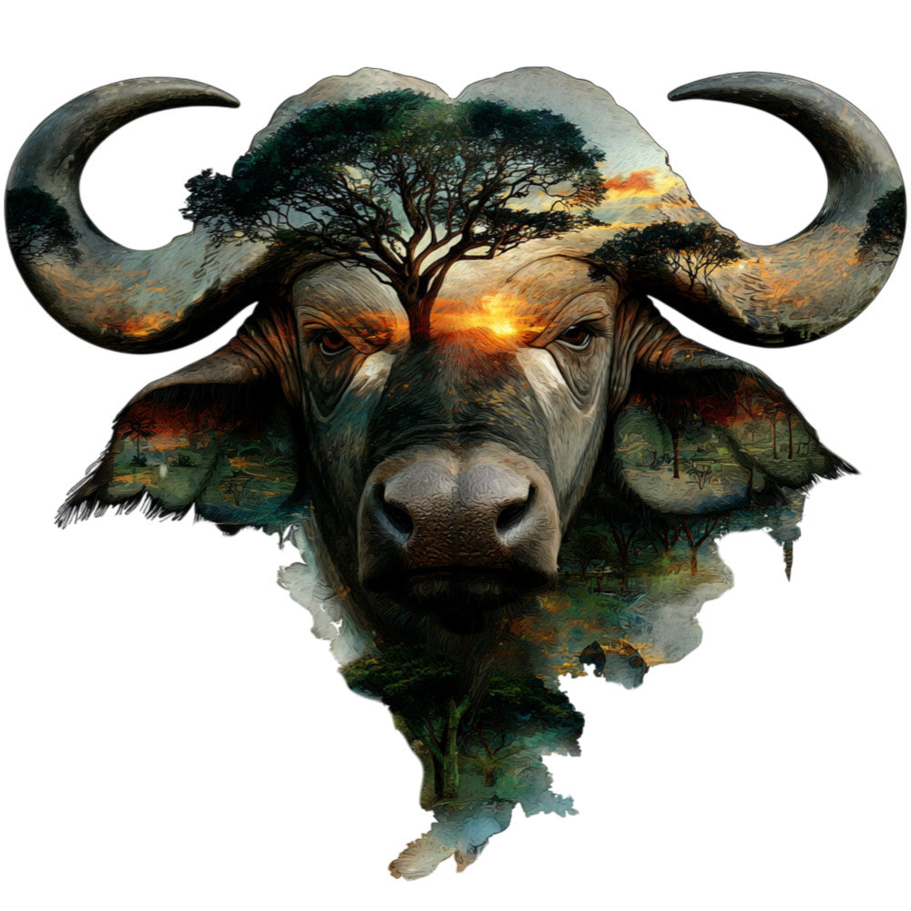 buffalo, wildlife, animal portrait, double exposure, nature landscape, sunset, savanna, african, rustic, earthy tones, burnt orange, forest green, golden yellow, warm colors, natural, bohemian, artistic, abstract, majestic, horns, trees, sky, landscape blend, mixed media style, contemplative, earthy aesthetic, nature inspired, wall art, statement piece