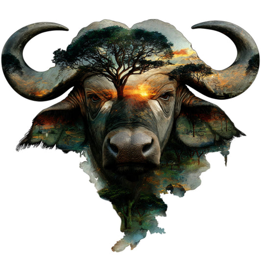 buffalo, wildlife, animal portrait, double exposure, nature landscape, sunset, savanna, african, rustic, earthy tones, burnt orange, forest green, golden yellow, warm colors, natural, bohemian, artistic, abstract, majestic, horns, trees, sky, landscape blend, mixed media style, contemplative, earthy aesthetic, nature inspired, wall art, statement piece