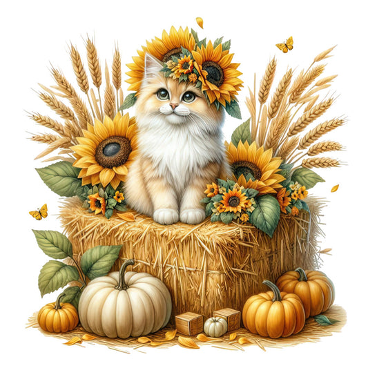 sunflower, kitten, cat, fluffy cat, autumn, fall, harvest, thanksgiving, pumpkin, wheat, straw basket, cream white, golden yellow, burnt orange, sage green, whimsical, farmhouse, rustic, nature, botanical, butterflies, seasonal, cozy, warm tones, cottage core, countryside, harvest theme, pumpkin patch, floral, animal lover