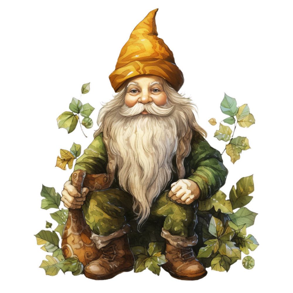 garden gnome, gnome, beige, cream, golden yellow, forest green, sage green, olive green, brown, tan, whimsical, fairy tale, fantasy, vintage, storybook, woodland, nature, leaves, foliage, autumn, fall, garden, magical, enchanted, cottage core, rustic, charming, decorative panel, wall art