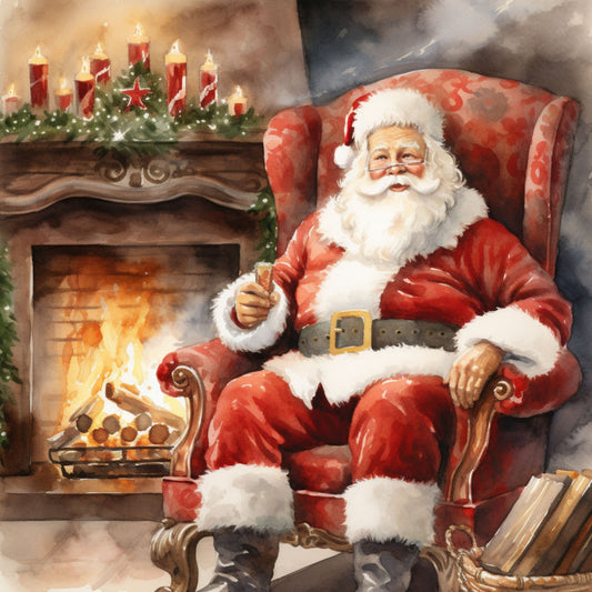 santa claus, christmas, red suit, white beard, fireplace, armchair, warm flames, red candles, evergreen garland, cozy scene, holiday spirit, fabric panel, quilting cotton, festive design, winter theme, jolly santa, chimney fire, christmas decorations, seasonal fabric, holiday crafting