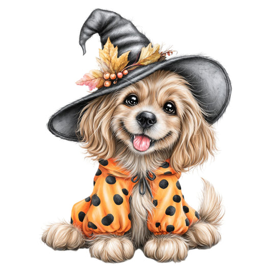 cute dog, witch hat, halloween, autumn, fall, orange, black, tan, cream, beige, spotted pattern, polka dots, whimsical, playful, festive, seasonal, pet themed, animal portrait, dog lover, costume, witch costume, striped hat, golden leaves, berry accents, holiday fabric, decorative panel, children's, cheerful, smiling dog, spaniel