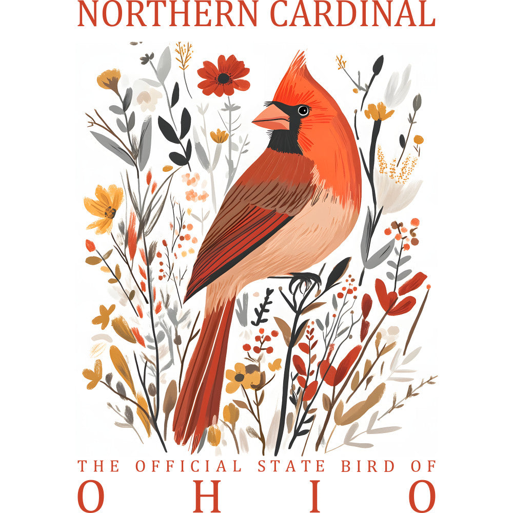 red cardinal, orange bird, floral botanical, autumn flowers, state bird, ohio, nature illustration, fabric panel, quilting cotton, bird motif, seasonal design, warm colors, botanical elements, wildlife art, decorative flora, orange red palette, perched bird, garden birds, craft panel, sewing project