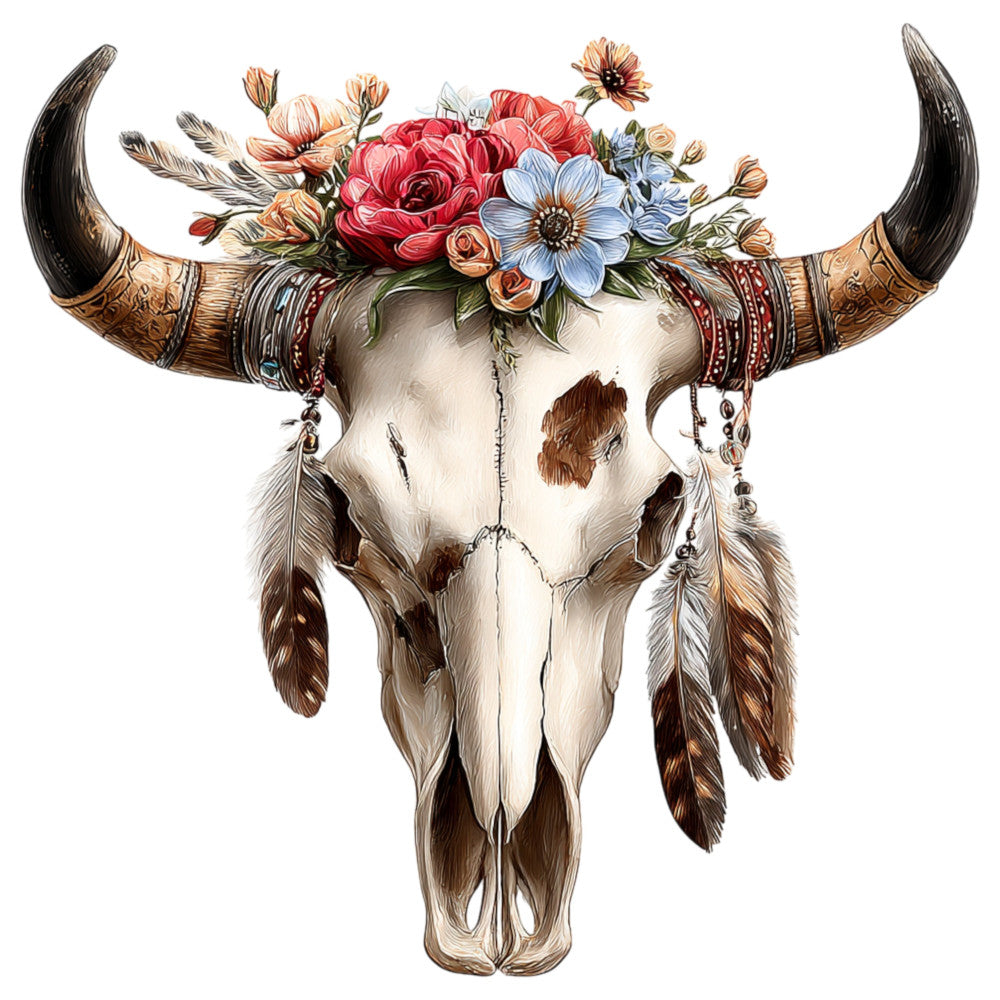bull skull, longhorn, western, boho, bohemian, rustic, floral, flowers, feathers, native american, tribal, cream, ivory, red roses, coral pink, dusty rose, blue daisies, gold accents, bronze, earth tones, southwestern, farmhouse, vintage, whimsical, nature, animal, wall art, home decor, spring, summer