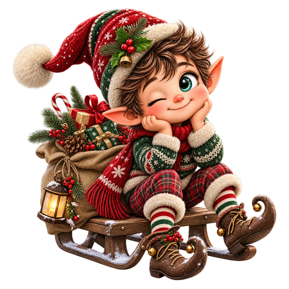christmas elf, holiday, festive, red, forest green, cream, brown, gold, candy cane, pine cone, lantern, whimsical, vintage, traditional, elf character, decorative, cheerful, winter, seasonal, gift box, holly berries, striped, plaid, sparkly, children's, cute, magical, nostalgic, Christmas theme