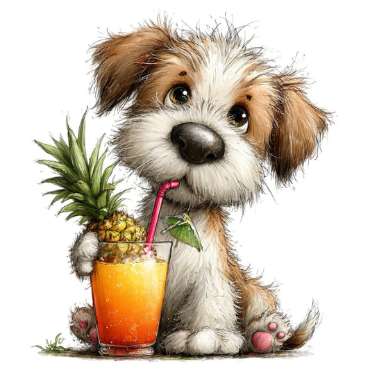 puppy, dog, cute animals, whimsical, children's, tropical, pineapple, fruit, summer, refreshing, playful, brown and white, cream, tan, gold, pink straw, beverage, fun, illustration, watercolor style, kids' fabric, cheerful, lighthearted, animal characters, drinking, juice, citrus, spring, youth-oriented