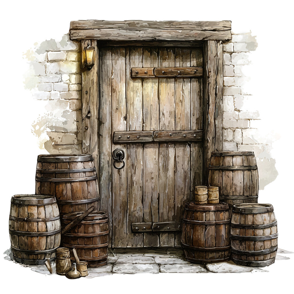 bourbon barrels, rustic door, weathered wood, brown tones, beige colors, vintage lantern, stone wall, distressed textures, aged patina, medieval style, tavern scene, whiskey theme, fabric panel, quilting cotton, rustic charm, antique atmosphere, wooden planks, iron hardware, cellar entrance, artisan crafted
