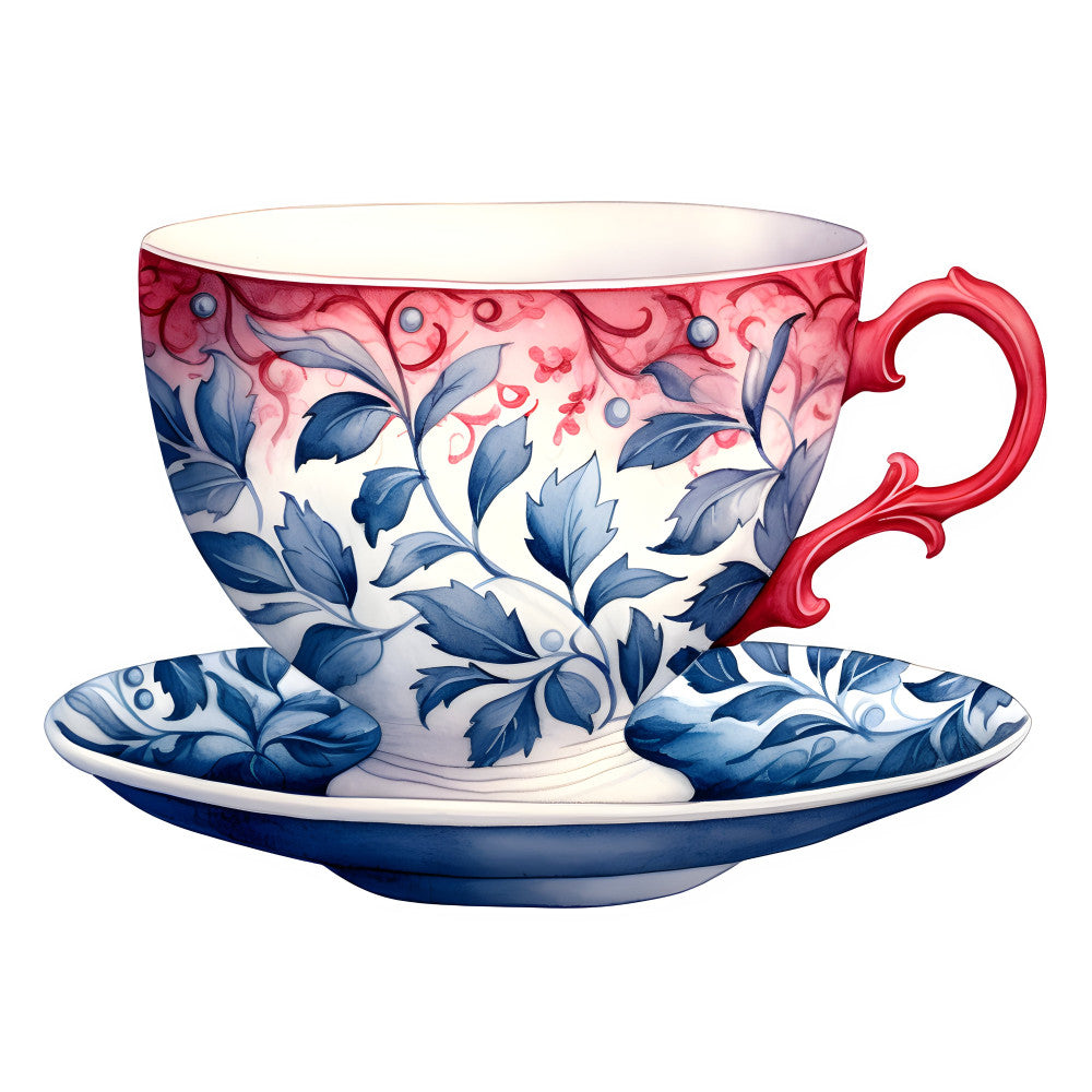navy blue, coral pink, dusty rose, red handle, floral, botanical, leaves, vintage, elegant, traditional, porcelain, teacup, decorative, ornamental, scrollwork, nature, spring, summer, english garden, classic, timeless, romantic, delicate, flourishes, berries, foliage, whimsical, home decor, tea time