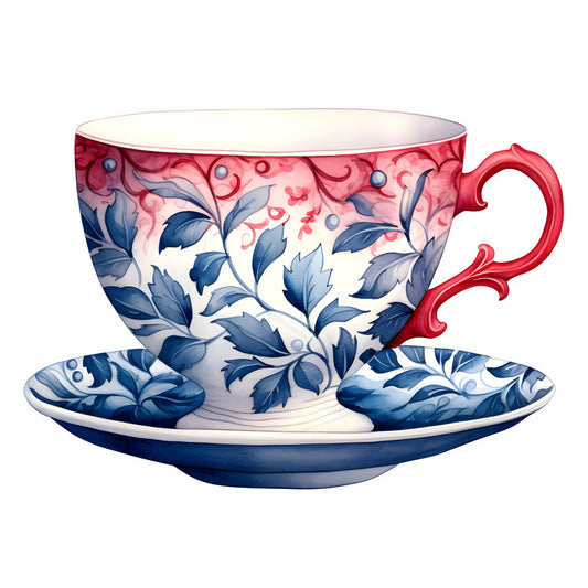 navy blue, coral pink, dusty rose, red handle, floral, botanical, leaves, vintage, elegant, traditional, porcelain, teacup, decorative, ornamental, scrollwork, nature, spring, summer, english garden, classic, timeless, romantic, delicate, flourishes, berries, foliage, whimsical, home decor, tea time