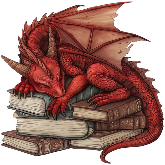 Dragon Sleeping on Books Fabric Panel 10 featuring a detailed red dragon resting atop a stack of vintage books.