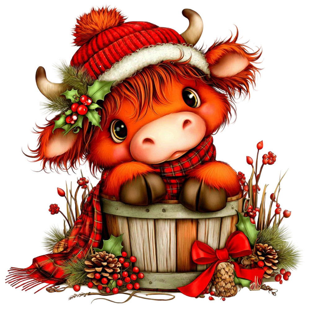 red, orange, cream, forest green, burgundy, rust, holiday, christmas, winter, festive, whimsical, rustic, farmhouse, animals, cow, cattle, highland cattle, plaid, tartan, holly, berries, pinecones, nature, seasonal, cozy, traditional, charming, adorable, decorative, wall hanging