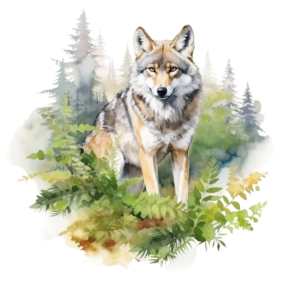 wolf, watercolor style, forest scene, green foliage, pine trees, gray fur, amber eyes, wildlife art, nature panel, fabric panel, quilting cotton, woodland theme, realistic animal, misty background, ferns, evergreen trees, earth tones, tan accents, wildlife fabric, outdoor scene
