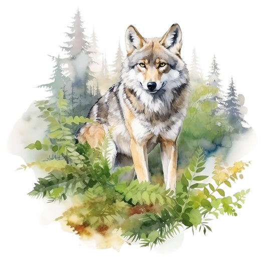 wolf, watercolor style, forest scene, green foliage, pine trees, gray fur, amber eyes, wildlife art, nature panel, fabric panel, quilting cotton, woodland theme, realistic animal, misty background, ferns, evergreen trees, earth tones, tan accents, wildlife fabric, outdoor scene