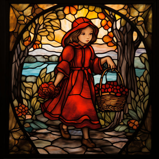 little red riding hood, stained glass style, red cloak, basket, fairy tale, forest scene, autumn colors, golden yellow, amber, orange, burgundy, brown, fabric panel, quilting cotton, girl character, trees, woodland, vintage illustration, children's story, decorative panel