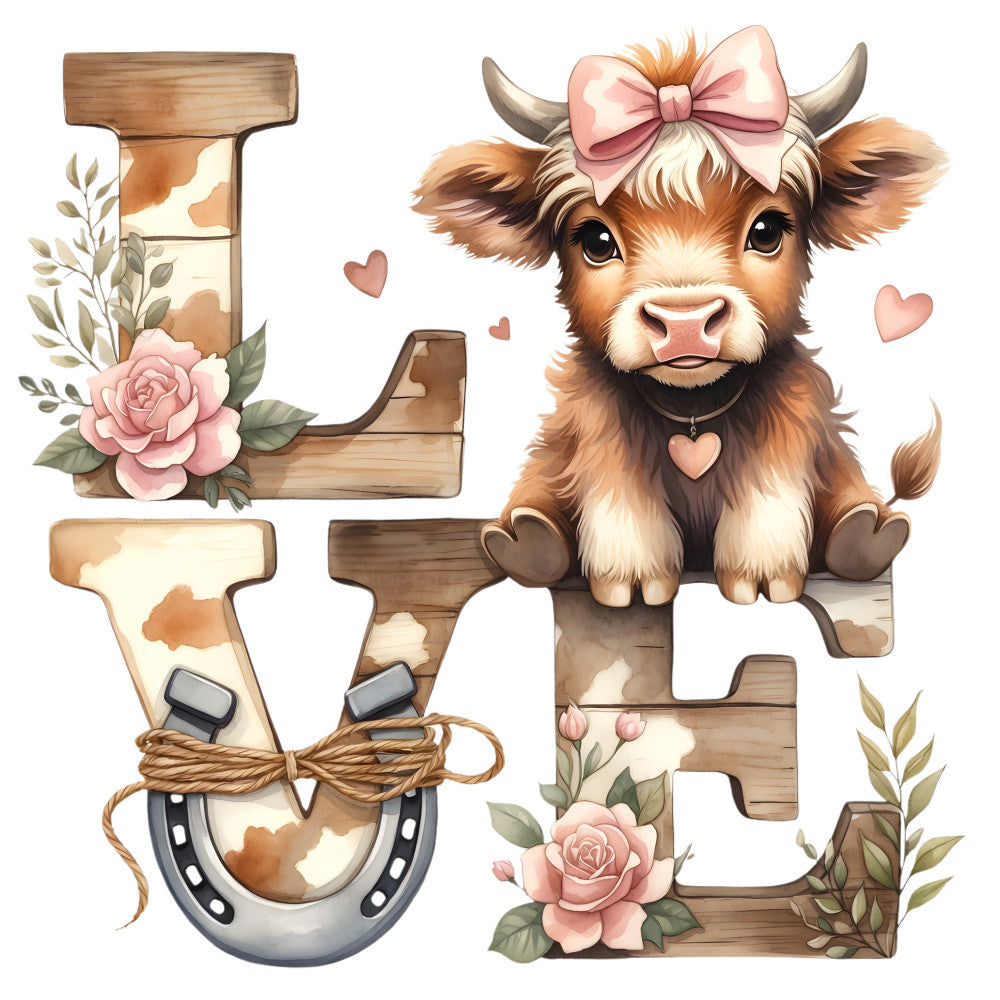 highland cow, baby calf, pink bow, wooden letters, love text, brown fur, cream colors, pink roses, horseshoe, rope details, heart charm, floral accents, pastoral theme, farm animals, cute illustration, fabric panel, quilting cotton, nursery design, country style, soft pastels