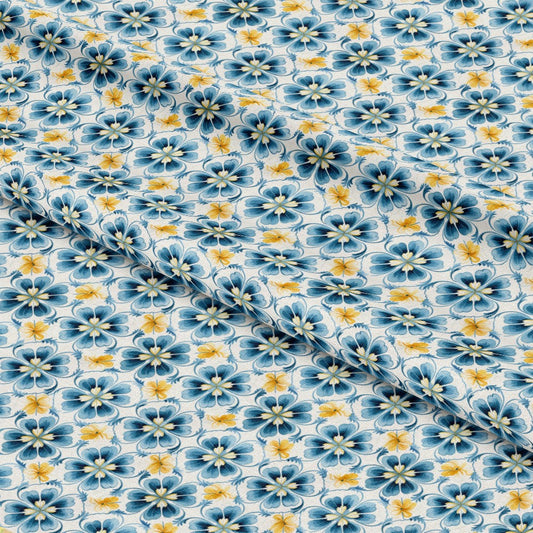 Blue Handpainted Tiles Pattern 3 Quilting Cotton Fabric