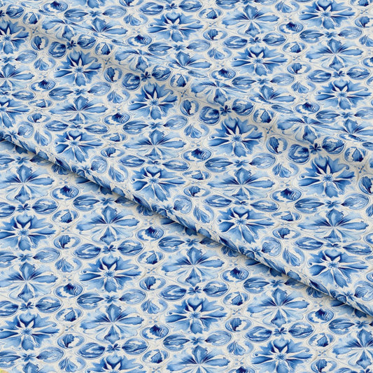 Blue Handpainted Tiles Pattern 2 Quilting Cotton Fabric