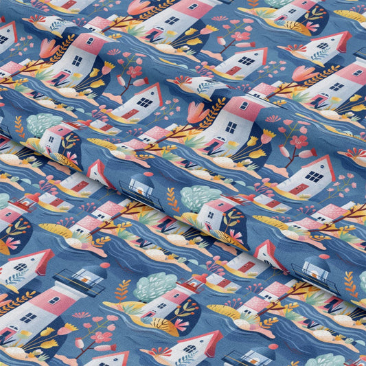 Springtime Lighthouse Scene Pattern 5 Quilting Cotton Fabric