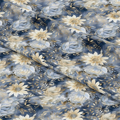Blue and Gold Floral Pattern 3 Quilting Cotton Fabric