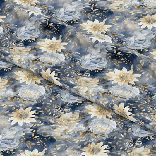 Blue and Gold Floral Pattern 3 Quilting Cotton Fabric