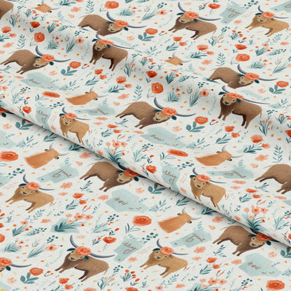 Handdrawn Highland Cows Pattern 4 Quilting Cotton Fabric