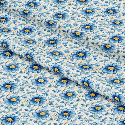 Blue Handpainted Tiles Pattern 5 Quilting Cotton Fabric