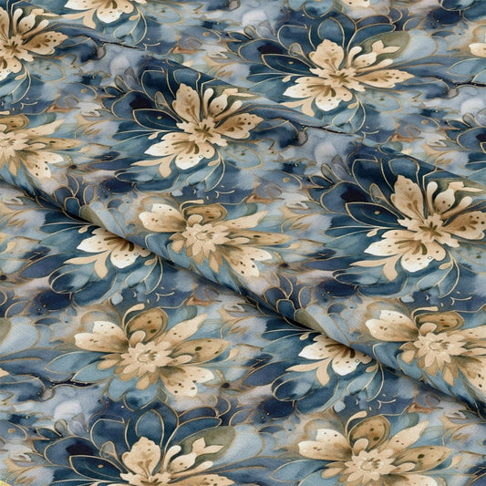 Blue and Gold Floral Pattern 4 Quilting Cotton Fabric