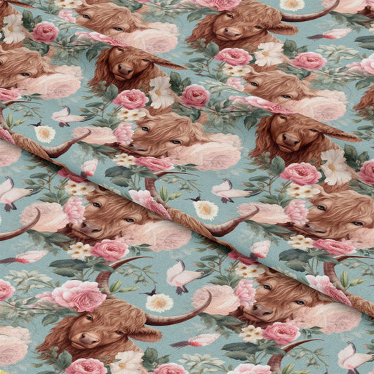 Vintage Highland Cows Pattern 8 Quilting Cotton Fabric