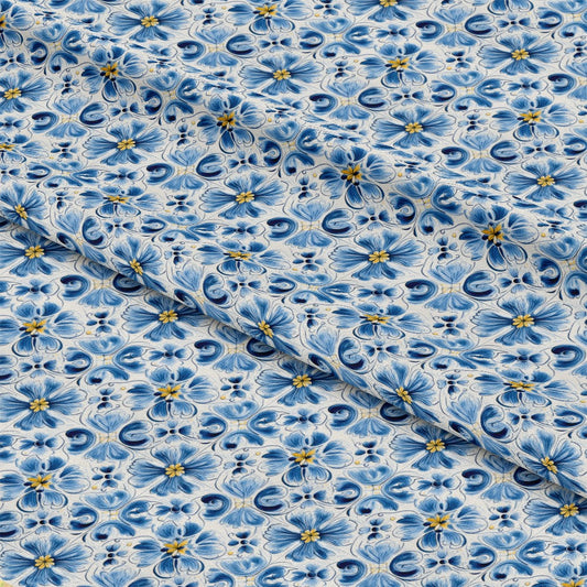 Blue Handpainted Tiles Pattern 6 Quilting Cotton Fabric