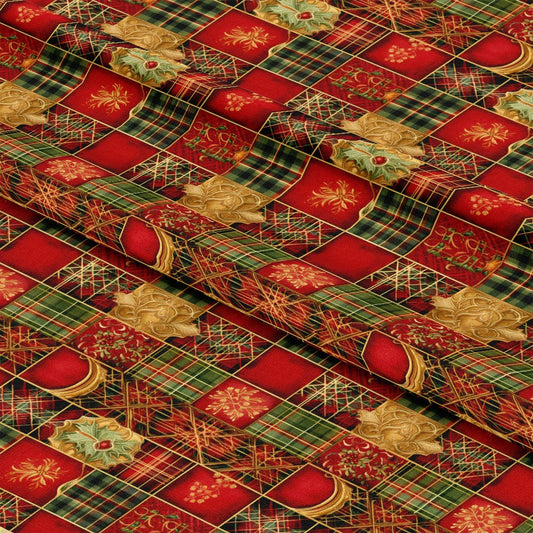 Red Green Gold Christmas Pattern 8 Quilting Cotton Fabric
