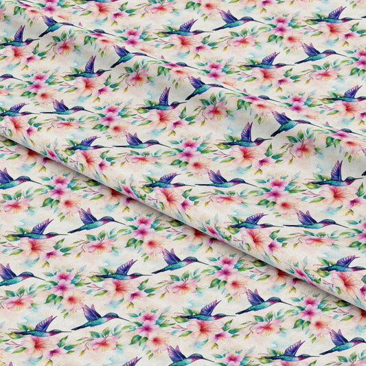Watercolor Hummingbirds and Hibiscus Pattern 1 Quilting Cotton Fabric