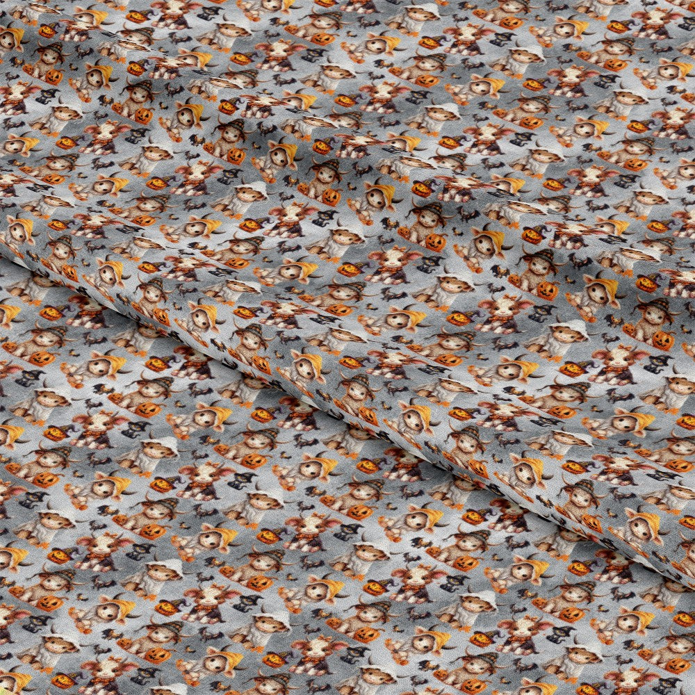 Halloween Cartoon Highland Cows Pattern 1 Quilting Cotton Fabric