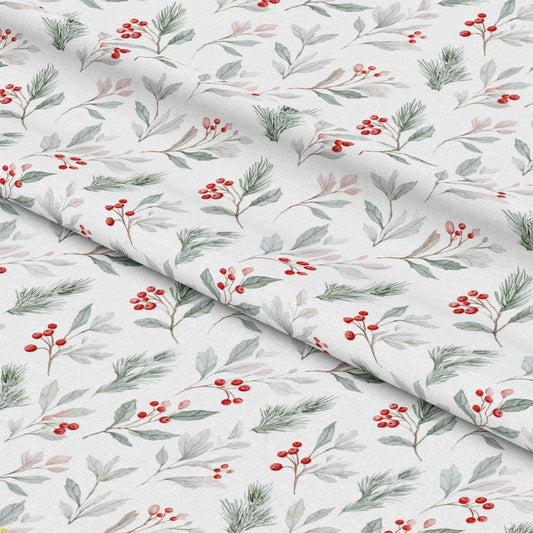 Mistletoe and Holly on Snow Pattern 1 Quilting Cotton Fabric
