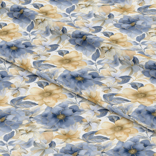 Blue and Gold Floral Pattern 2 Quilting Cotton Fabric
