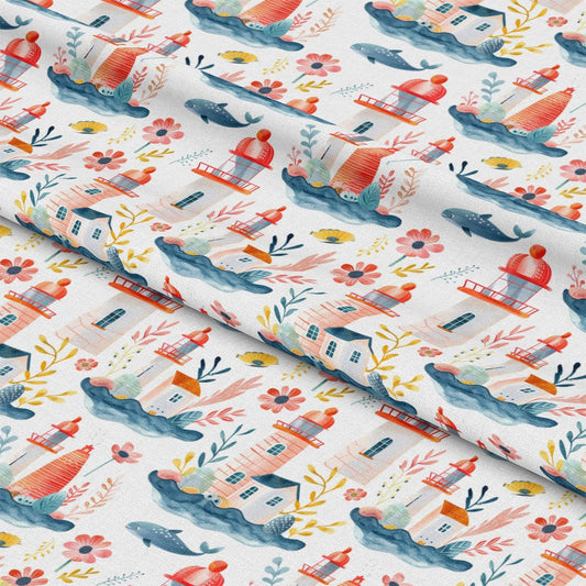 Springtime Lighthouse Scene Pattern 7 Quilting Cotton Fabric