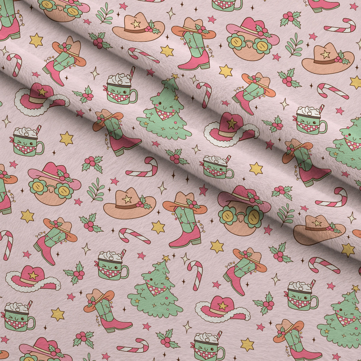Pink Cowgirl Christmas Pattern Minky Fabric
