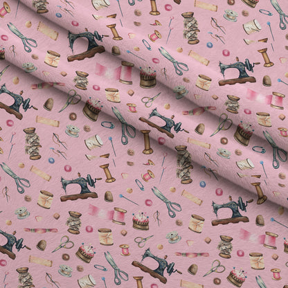 Pink Old Sewing Elements Minky Fabric