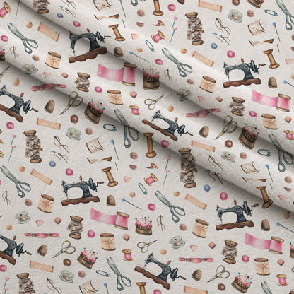 White Old Sewing Elements Minky Fabric